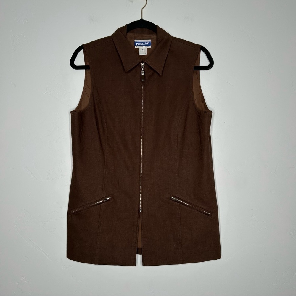 Vintage Pendleton Brown Vest Minimalist Zip Front Size‎ 4 Cotton Linen Blend